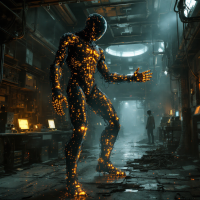 A glowing, abstract humanoid figure stands in a dimly lit, cluttered workshop, embodying the complexity of questions no one wants answered. A shadowy figure looms nearby, enhancing the intrigue.