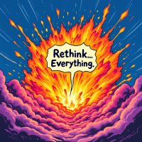 An explosion bursts with vibrant flames and clouds, featuring a bold speech bubble that reads “Rethink… Everything,” symbolizing chaos and existential reflection.