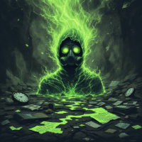 A hooded figure with glowing green eyes and an eerie gas mask emerges from a chaotic sea of papers and clocks, embodying the struggle of finding oneself in the aftermath of loss.