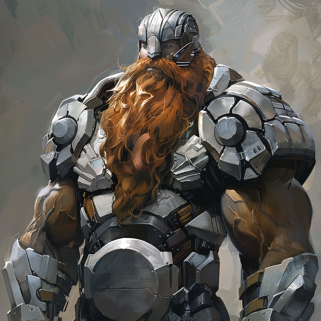 A muscular man with a long auburn beard is clad in thick armor plates, resembling the outer hull of an IAG war cruiser. The armor is metallic and imposing, enhancing his formidable presence.