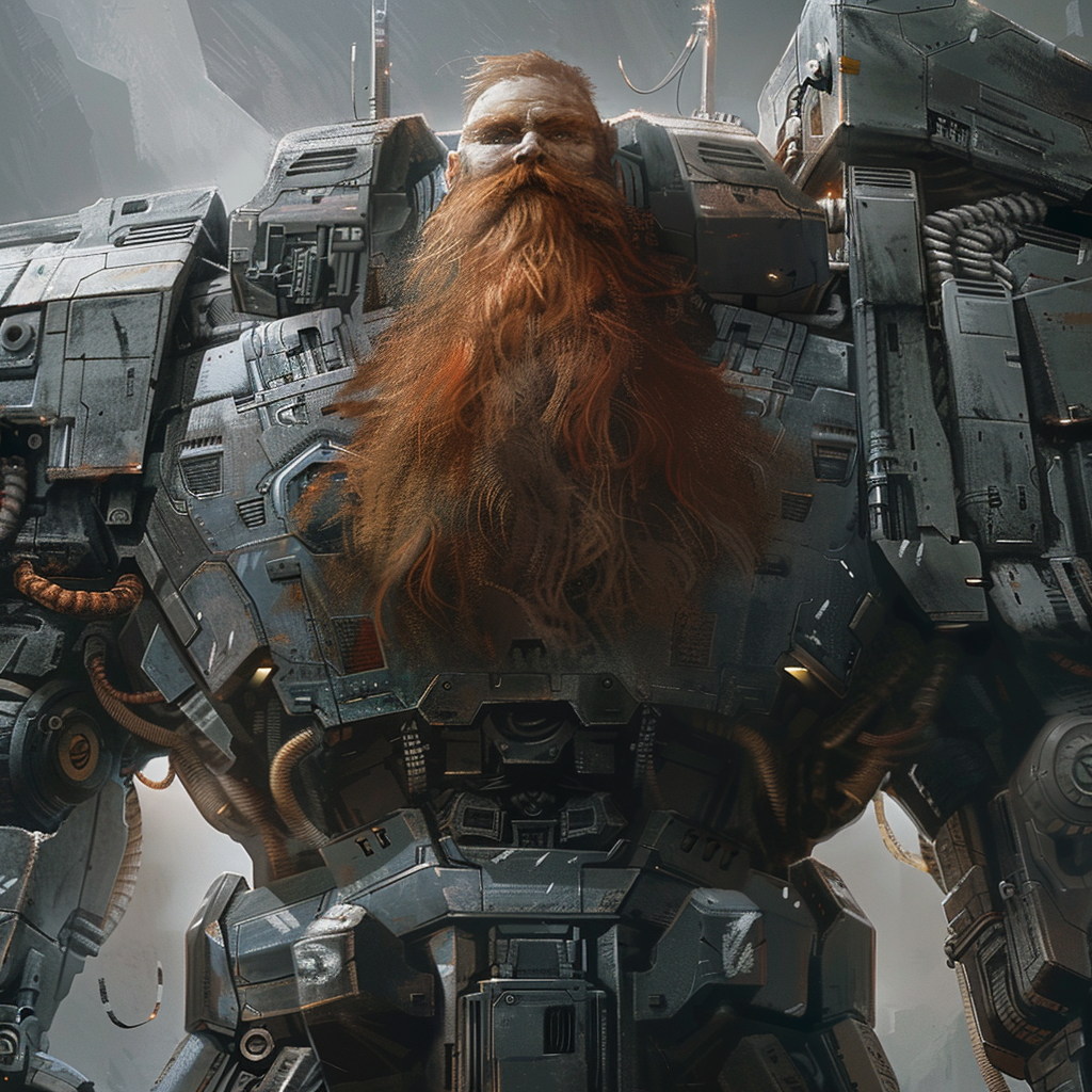 A hulking behemoth of a man with a long auburn beard stands in thick, futuristic armor that could shield the hull of an IAG war cruiser.