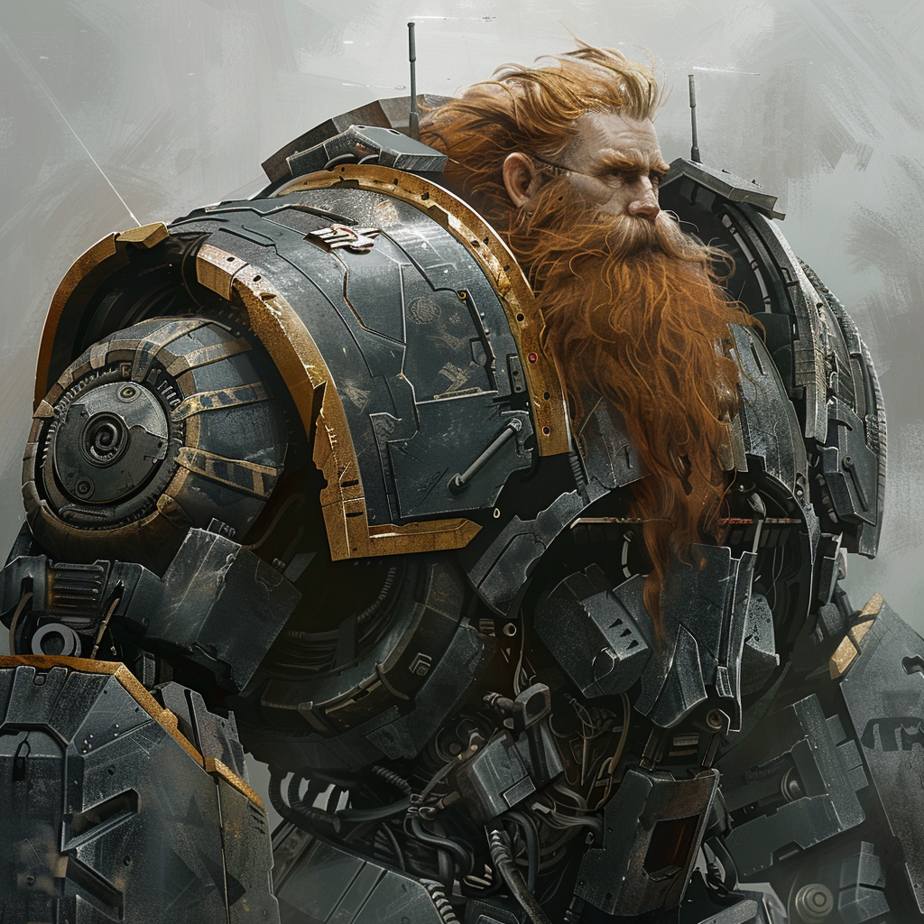 A hulking man with a long auburn beard in thick, futuristic armor, resembling the outer hull of a war cruiser.