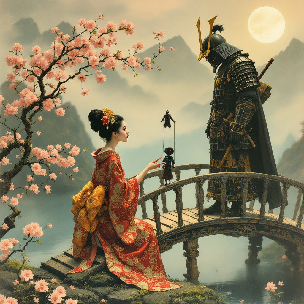 A samurai stands on a bridge, holding a puppet, while a woman in a colorful kimono reaches out, surrounded by blooming cherry blossoms and a serene moonlit landscape, exploring themes of control and manipulation.