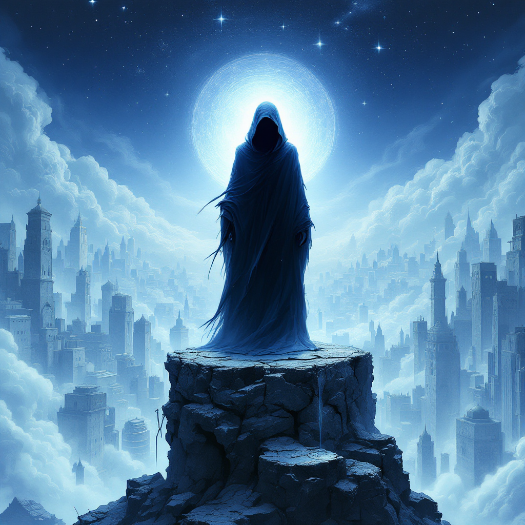 A hooded figure stands on a rocky outcrop, overlooking a sprawling city bathed in moonlight, embodying the haunting reflection on being victims of our own choices.