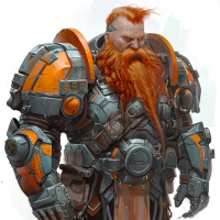 A hulking behemoth of a man with a long auburn beard, clad in thick, futuristic armor plates, resembling those that could shield the outer hull of an IAG war cruiser.