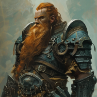 A towering man with a long auburn beard, adorned in thick, intricately detailed armor plates, reminiscent of those used to shield the outer hull of an IAG war cruiser.
