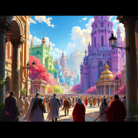 A vibrant cityscape filled with diverse colored buildings representing various societal roles, with figures in flowing robes walking through a bustling urban environment under a bright sky.