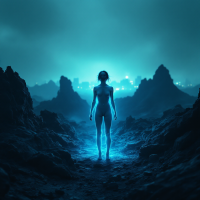 A figure stands amidst dark, rocky terrain, illuminated by a blue glow, symbolizing resilience and the journey of rising from rock bottom.