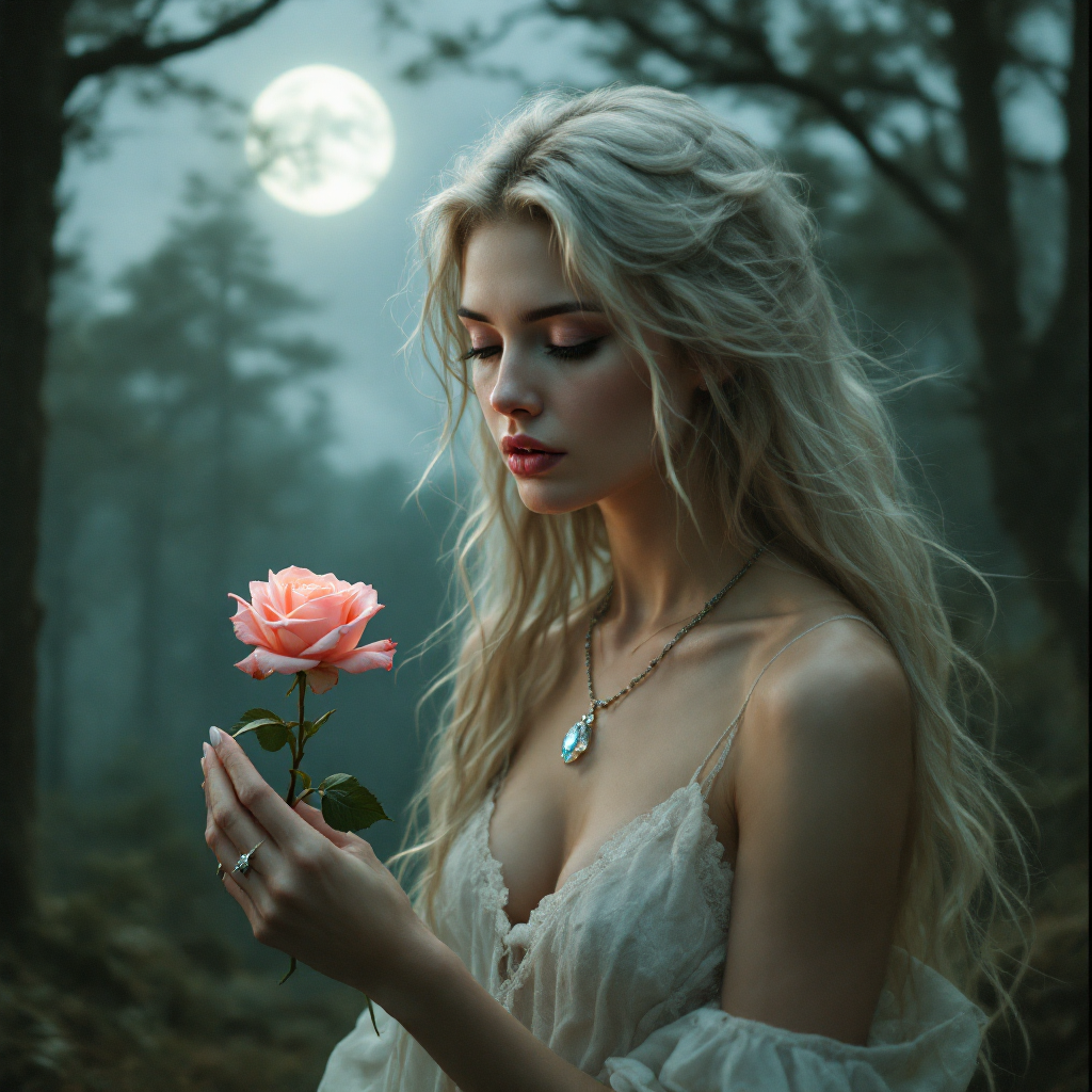 A young woman stands in a misty forest, holding a pink rose as a full moon illuminates the scene, embodying the internal battles expressed in the quote about struggle and self-reflection.