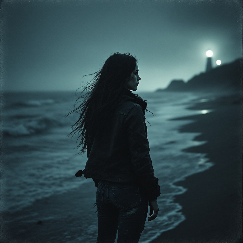 A figure stands on a moody beach, looking out towards a distant lighthouse, embodying a moment of introspection and longing, reflecting the quote about escape and the desire to stay.