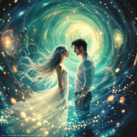 A couple stands close, their gazes locked, surrounded by swirling cosmic lights and colors, symbolizing love that transcends time and space, echoing deep emotions from a cherished connection.