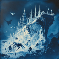 A colossal, crystal-like structure looms in a blue-hued landscape, surrounded by various organic forms, both humanoid and bizarre, emerging as soldiers amidst debris.