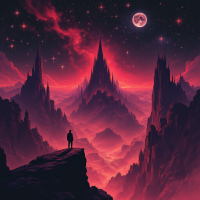 A solitary figure stands on a rocky ledge, gazing at a surreal landscape of towering peaks and vibrant pink skies, under a glowing moon and countless stars, evoking dreams and fears.