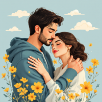 A couple embraces gently amidst colorful flowers, conveying warmth and connection, embodying the quote about love as a commitment to understanding and being present.