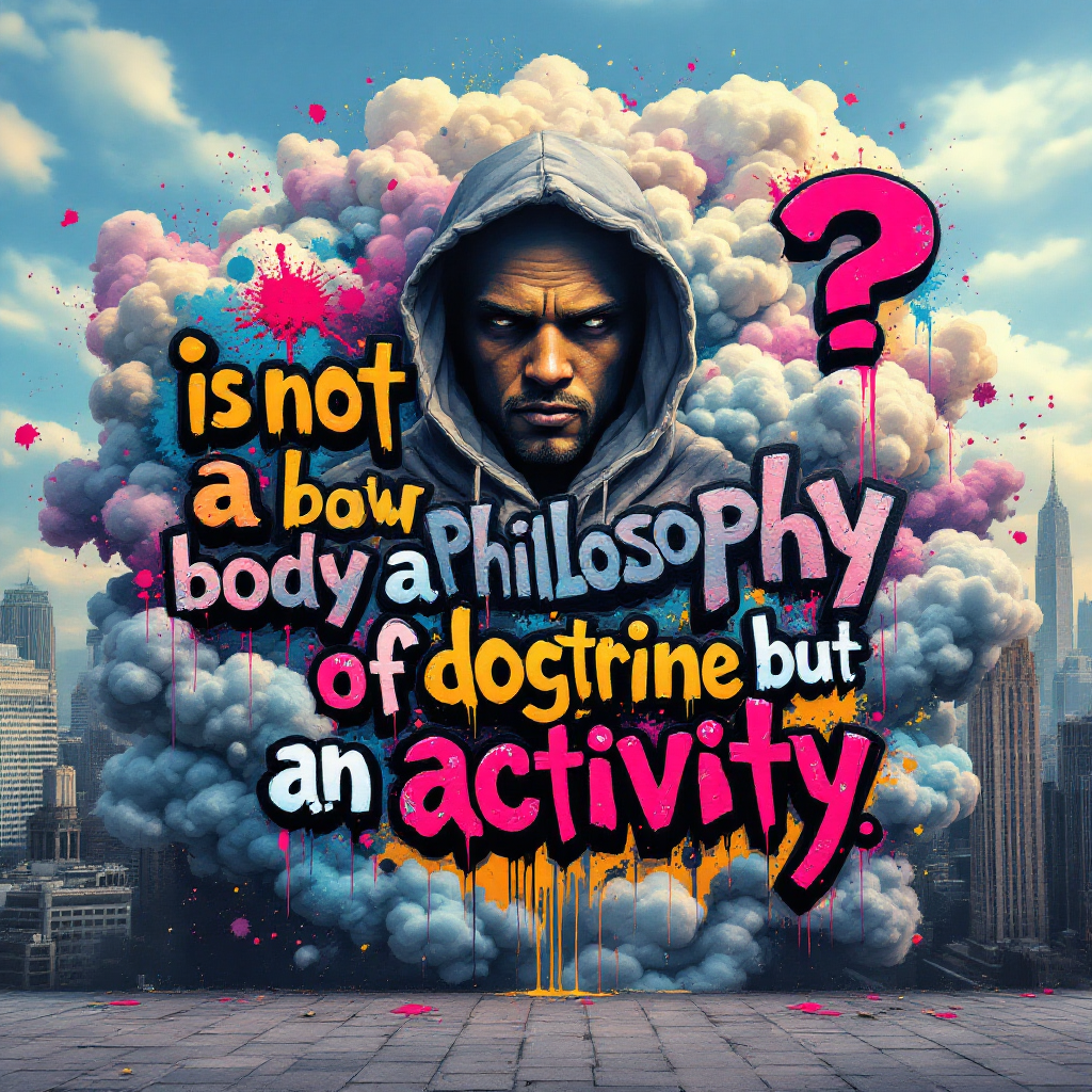 A striking urban scene features a serious figure surrounded by vibrant, colorful clouds. The text prominently displays, Philosophy is not a body of doctrine but an activity.