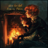 Two red-haired characters sit in front of a roaring fireplace, with the text Give her hell from us, Peeves written above them. The scene exudes warmth and camaraderie.