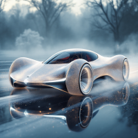 A futuristic, sleek car glides through a misty landscape, reflecting the magic of the enchanted vehicle mentioned in the quote about a flight to Surrey and back.