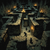 A dimly lit maze with stone walls and flickering torches, featuring tiny rats navigating the corridors, embodying the struggle and complexity of a challenging test.