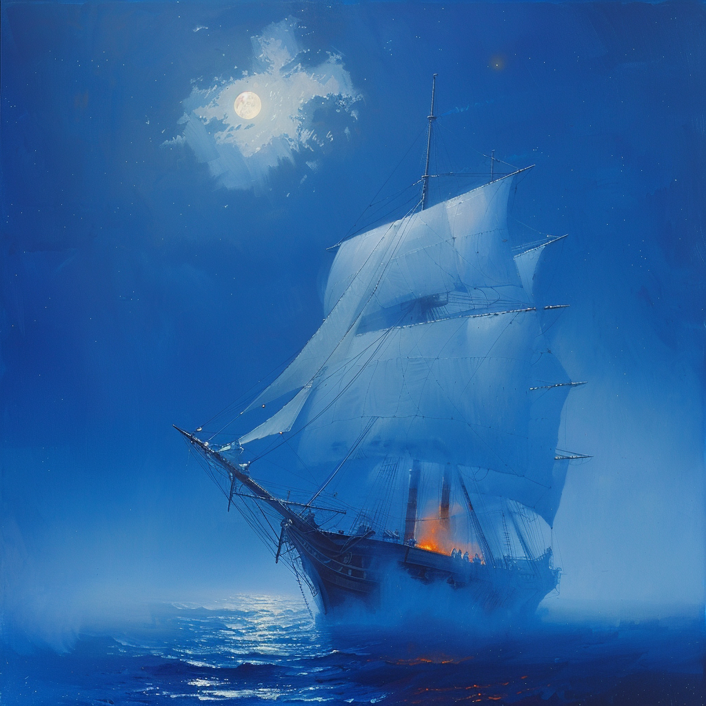 A ship sails under a clear, moonlit sky with Polaris visible above. The vessel glows spectral blue, accentuated by an orange smudge from a brazier or lantern, creating a ghostly atmosphere.