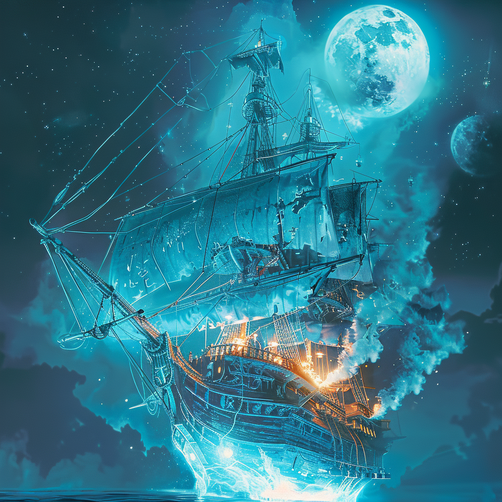 A ghostly ship illuminated by a full moon and a clear, starry night sky with Polaris above. The ship glows spectral blue with smudges of orange light from lanterns and pipes.