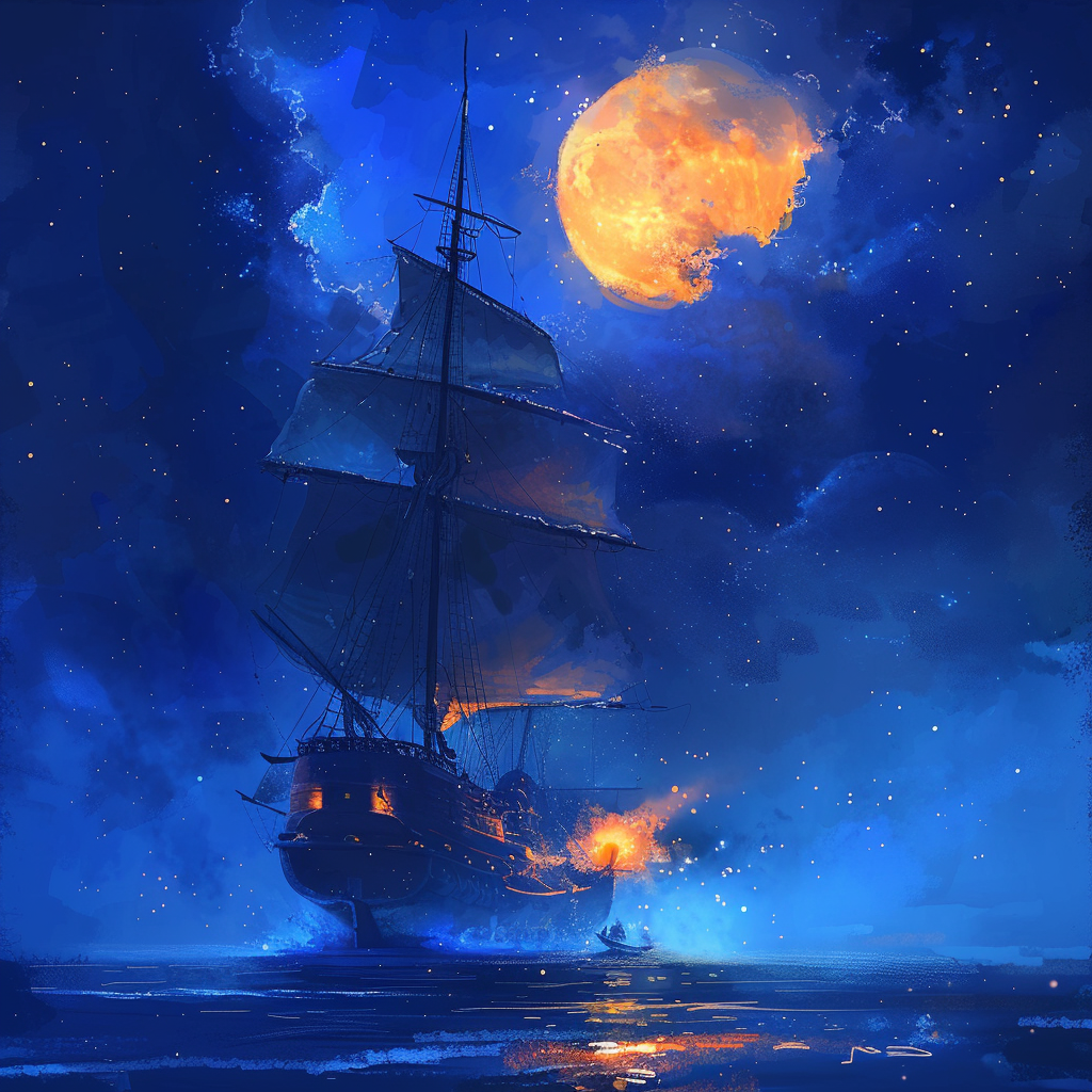 A full moon casts a spectral blue light on a ship sailing under clear skies, with Polaris visible above. The scene is accented by smudges of orange from a brazier or lantern on the ship.