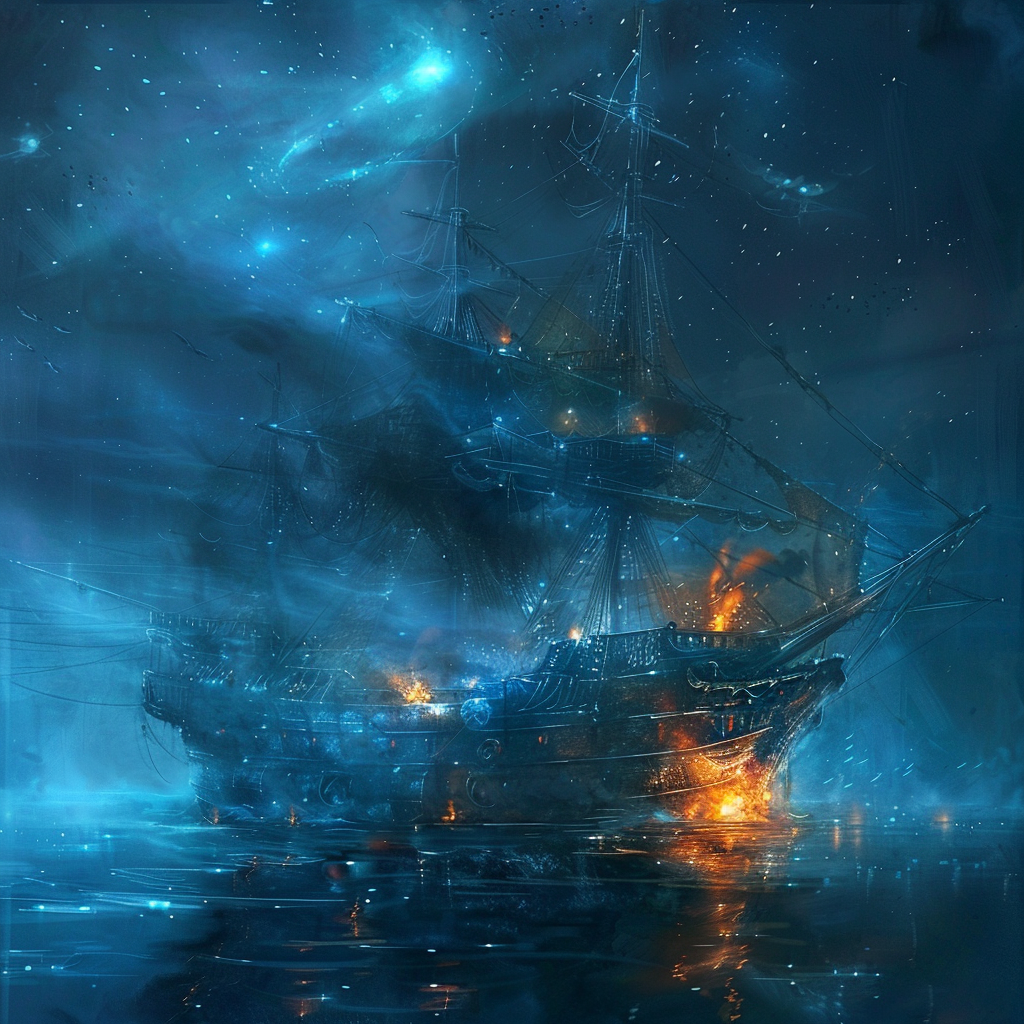 A ghostly blue ship under a clear, starry sky illuminated by a full moon and Polaris. The vessel glimmers with spectral light and small orange smudges from a brazier, lantern, or a smoking pipe.