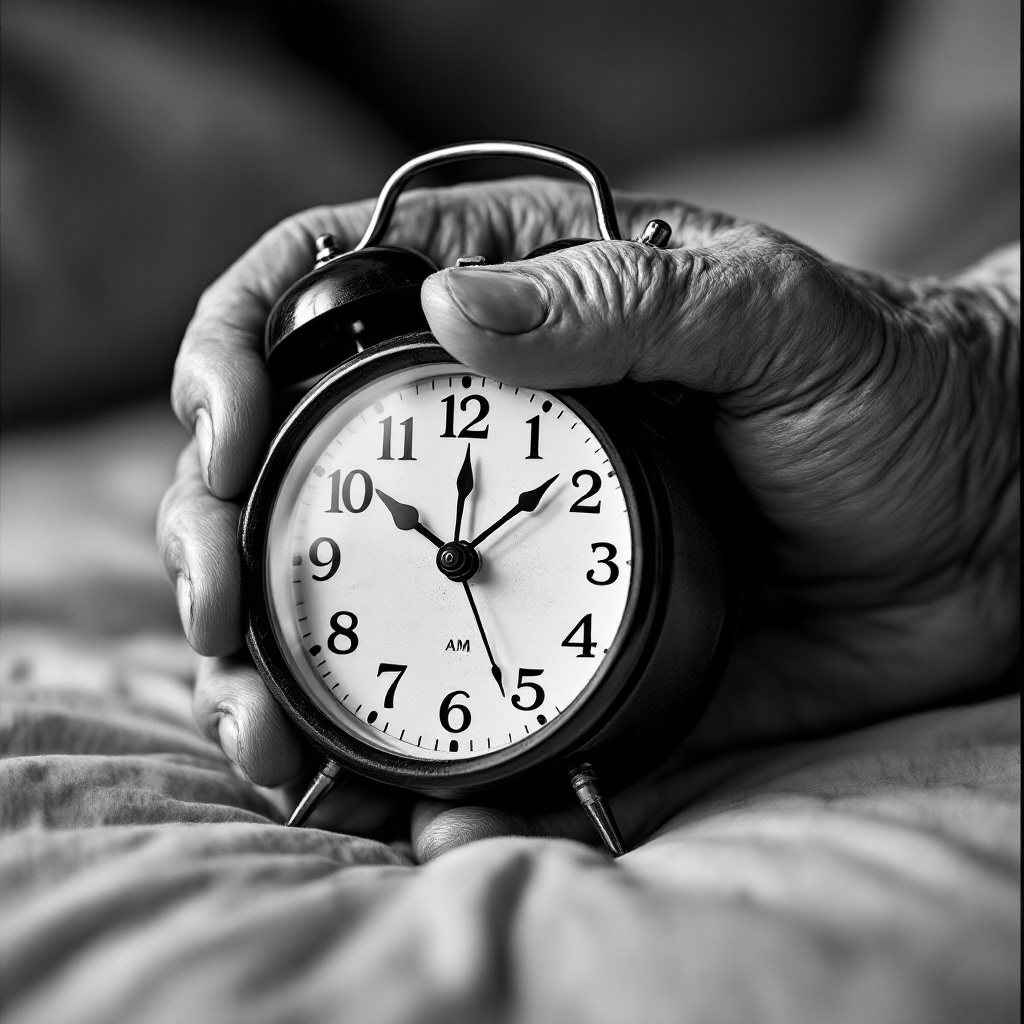 A close-up of an elderly hand holding a vintage alarm clock, symbolizing the passage of time and the reflection on a life fully lived, inspired by the quote about not wanting regrets at seventy-four.