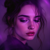 A close-up of a young woman with soft features, illuminated by a purple glow, her expression contemplative and introspective, embodying the quote about feeling deeply.