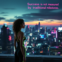 A woman stands on a rooftop at twilight, gazing over a vibrant city skyline, with the quote Success is not measured by traditional milestones text overlaying the scene.