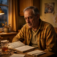 An older man sits quietly at a cluttered desk with a notebook, his expression weary and thoughtful, reflecting a fading anger and lost questions over time.
