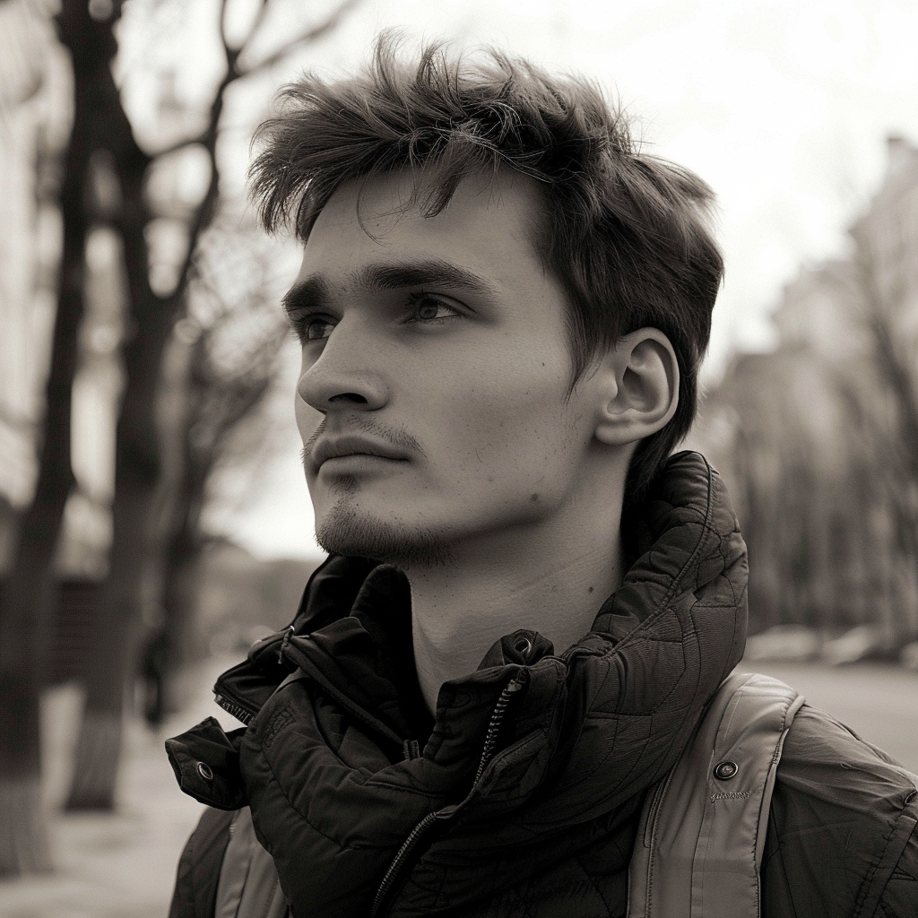 A handsome young man with dark eyes and dark brown hair gazes into the distance. He is tall, slim, and well-built, wearing a jacket with a serene, tree-lined street in the background.