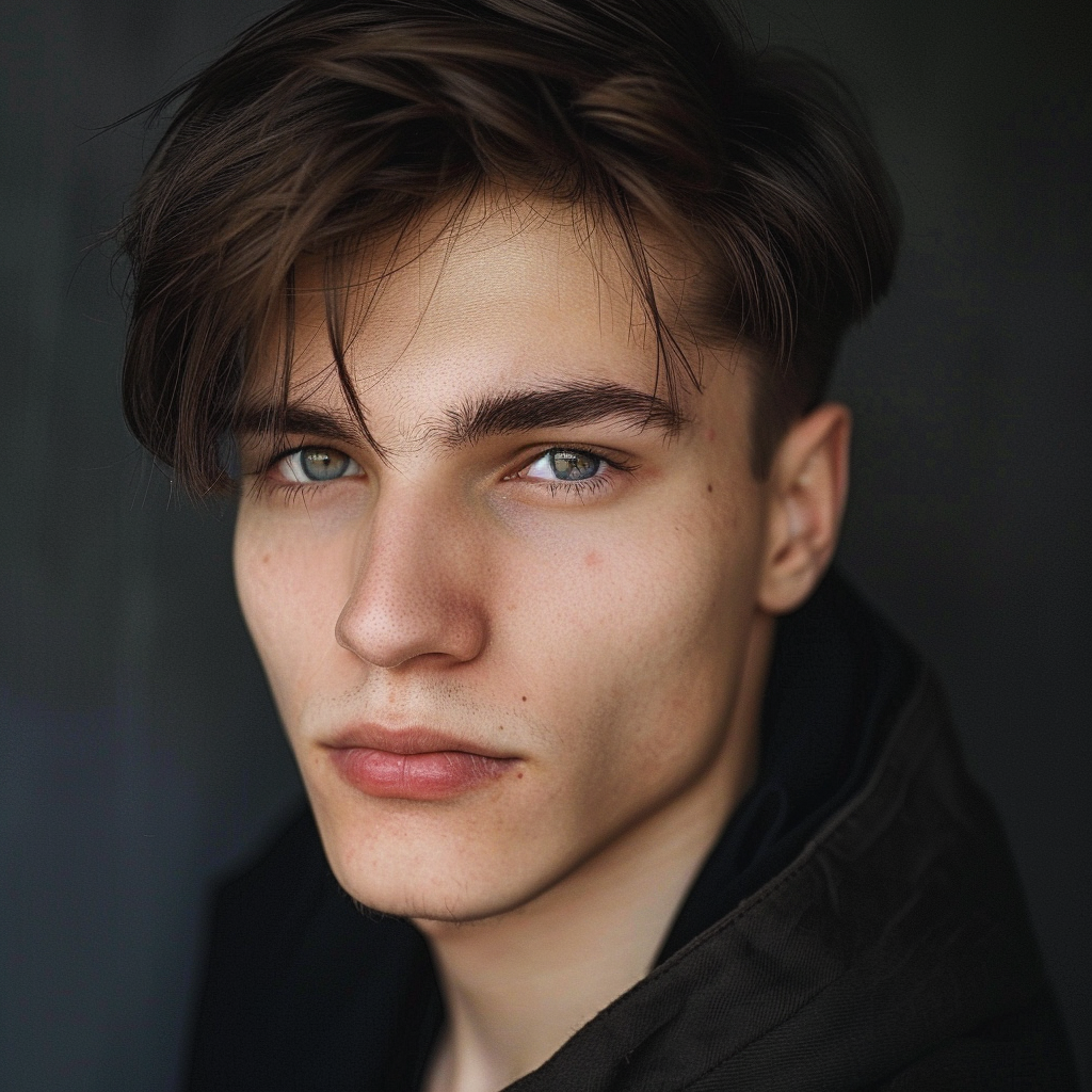 A young man, exceptionally handsome with dark brown hair, beautiful dark eyes, and a confident expression. He is above average in height, slim, and well-built.