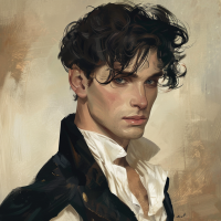 A digital painting features an exceptionally handsome, tall, slim, and well-built man with dark eyes and dark brown hair, reflecting the book's description. He wears a dark coat over a white shirt.