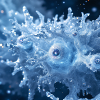 A close-up of intricate ice structures resembling sophisticated organisms, with filaments and icy appendages, set against a dark, starry background, evoking a hypercold environment.
