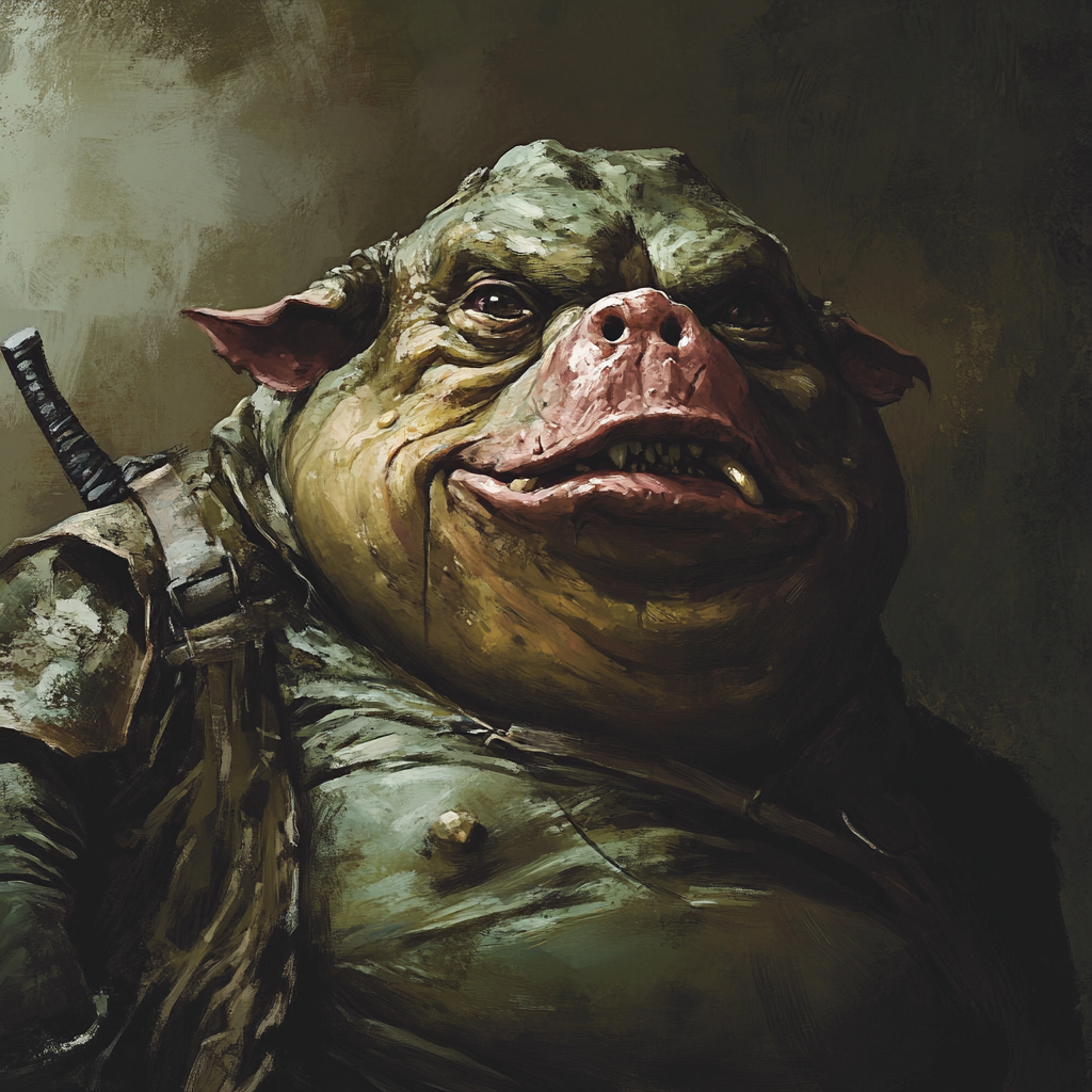 A grotesque alien figure with dark-green rubbery skin, a highly domed nose above a small piggy forehead, and a sturdy build. He exudes a menacing presence, reminiscent of Vogon Prostetnic Jeltz.