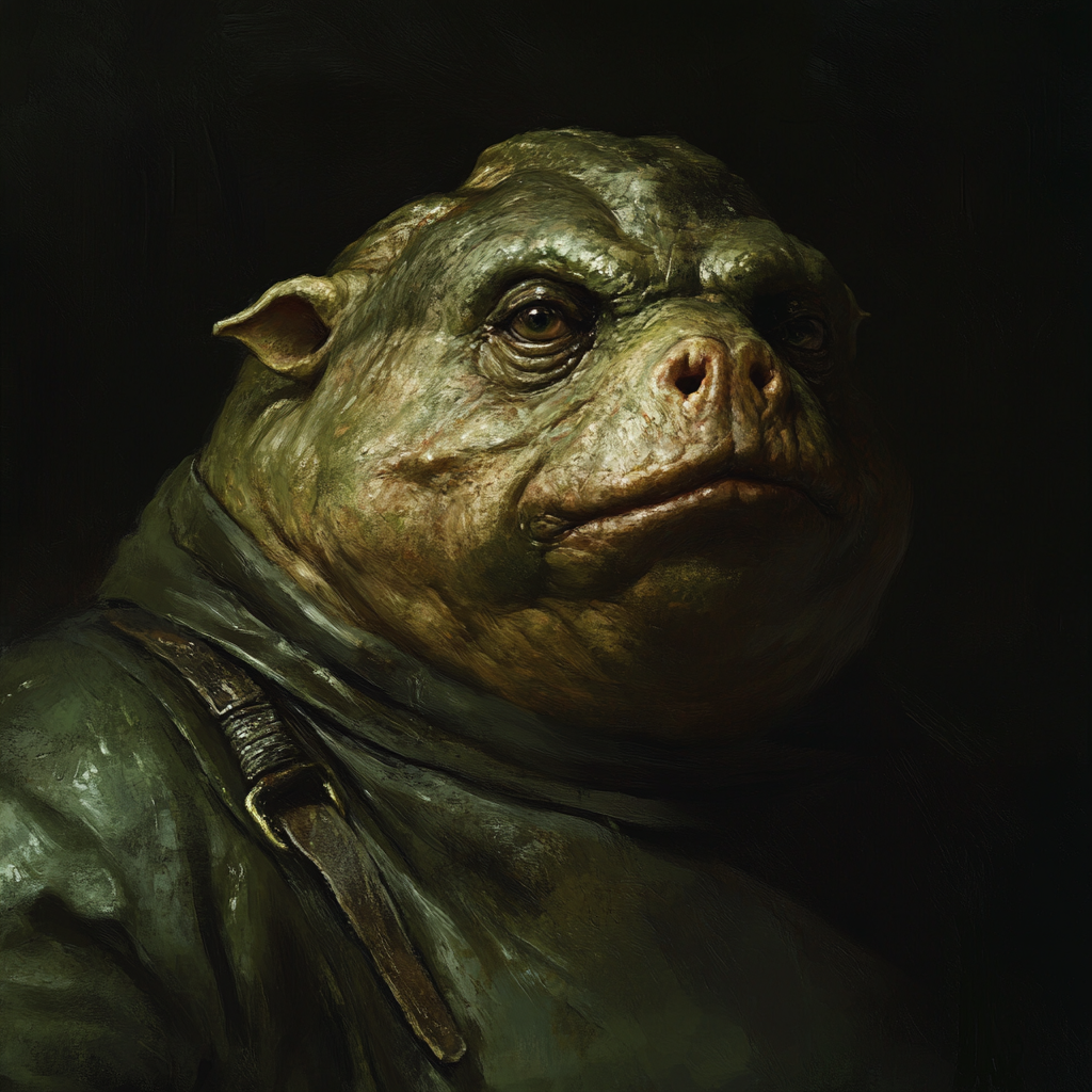 Prostetnic Vogon Jeltz, a green, rubbery-skinned alien with a highly domed nose and small piggy forehead, stares menacingly. His thick, waterproof skin hints at his resilience in harsh environments.