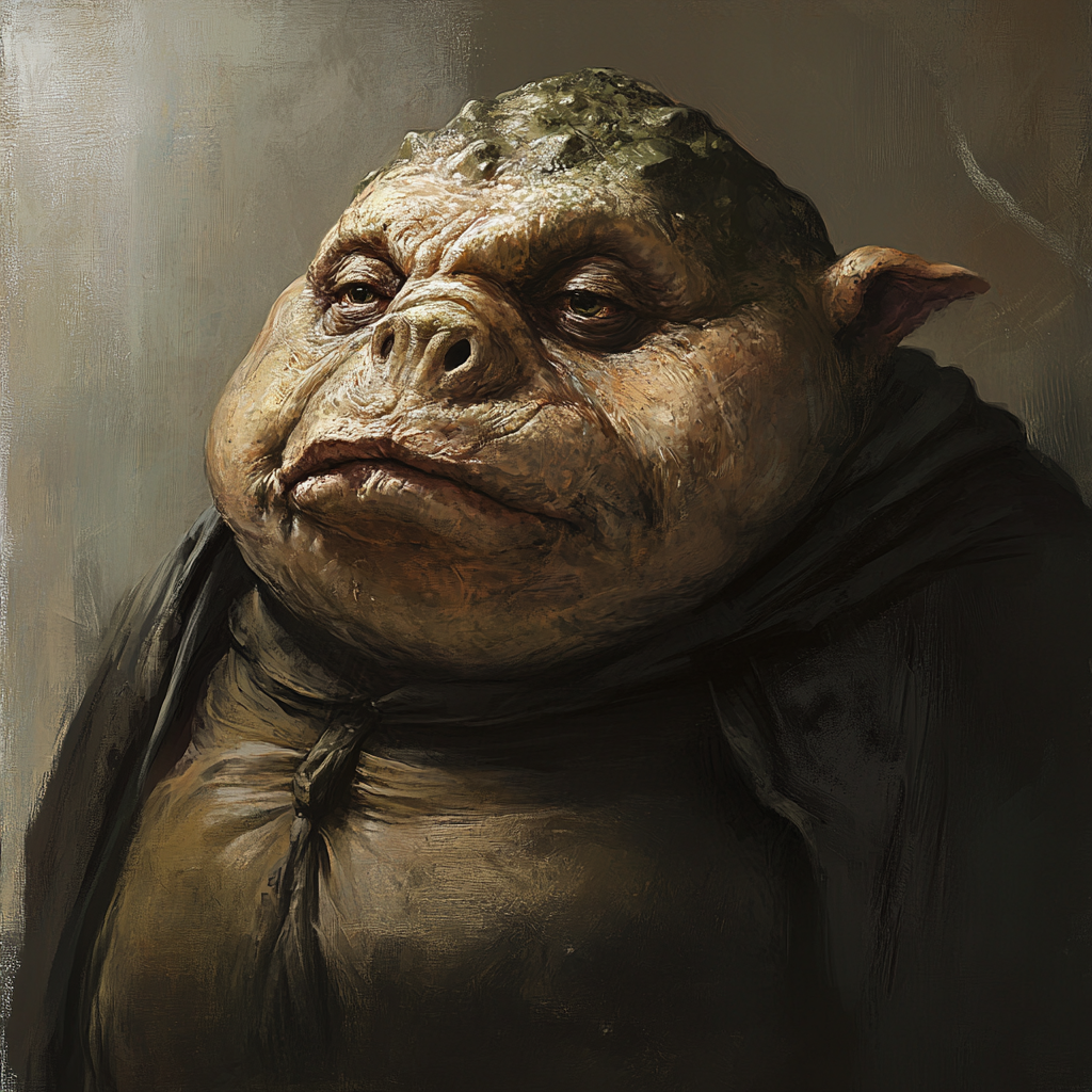 A dark-green, rubbery-skinned alien with a highly domed nose above a small piggy forehead, wearing a cloak, portraying Prostetnic Vogon Jeltz as described in the book quote.