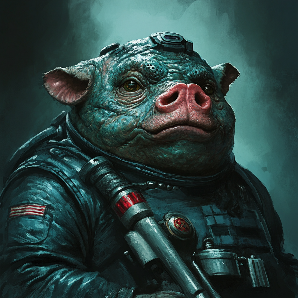 A depiction of Prostetnic Vogon Jeltz with a domed nose, small piggy forehead, and dark-green rubbery skin. He is dressed in a futuristic uniform, suggesting a high rank.