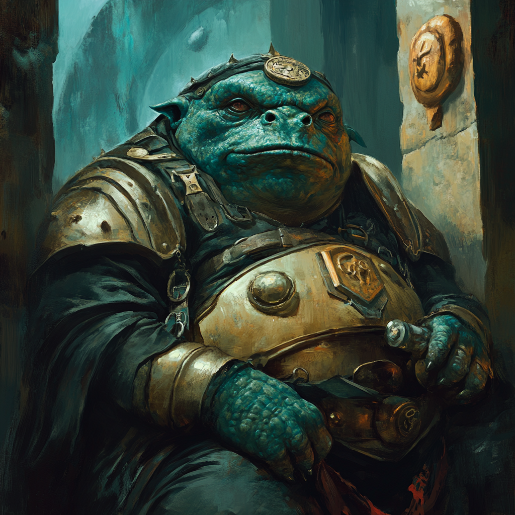 A Vogon with a highly domed nose above a small forehead and dark-green, rubbery skin sits in armor. His thick skin allows him to thrive in deep-sea environments and navigate Vogon politics skillfully.