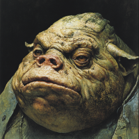 A creature with a highly domed nose, small forehead, and dark-green rubbery skin looks forward. Its thick skin appears weathered and its expression is serious and stern.