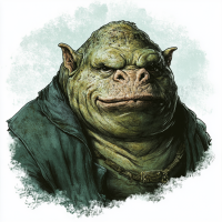 A dark-green, rubbery-skinned Vogon with a domed nose and small forehead is illustrated. He appears unpleasant with his prominent, high nose, fitting the description of Prostetnic Vogon Jeltz from the book.