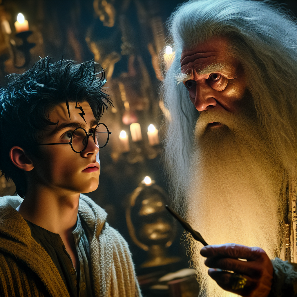 A wizard with glasses and a scar on his forehead listens intently to an elderly wizard with a long white beard holding a wand, both surrounded by glowing candles.