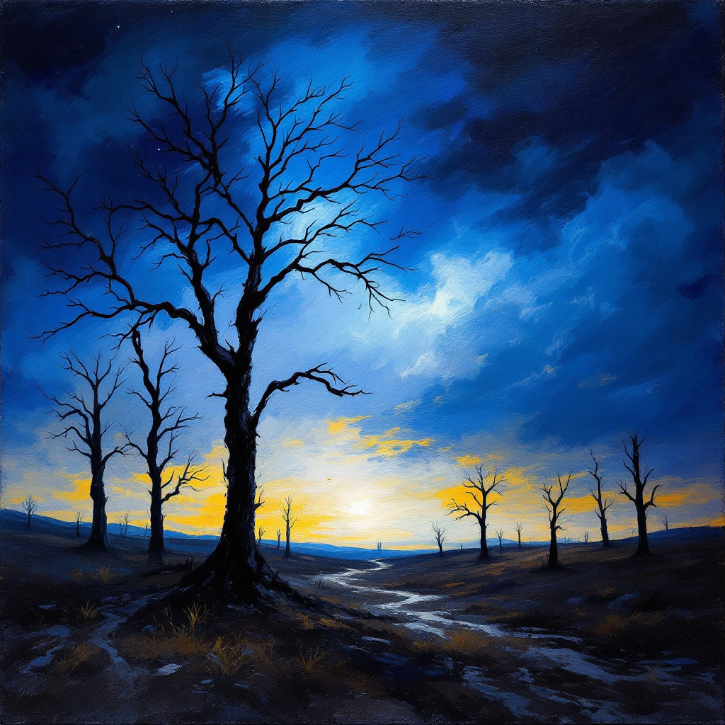 A moody landscape features dark, barren trees silhouetted against a dramatic sky of blues and yellows, evoking the quote, In the end, only the darkness will remain.