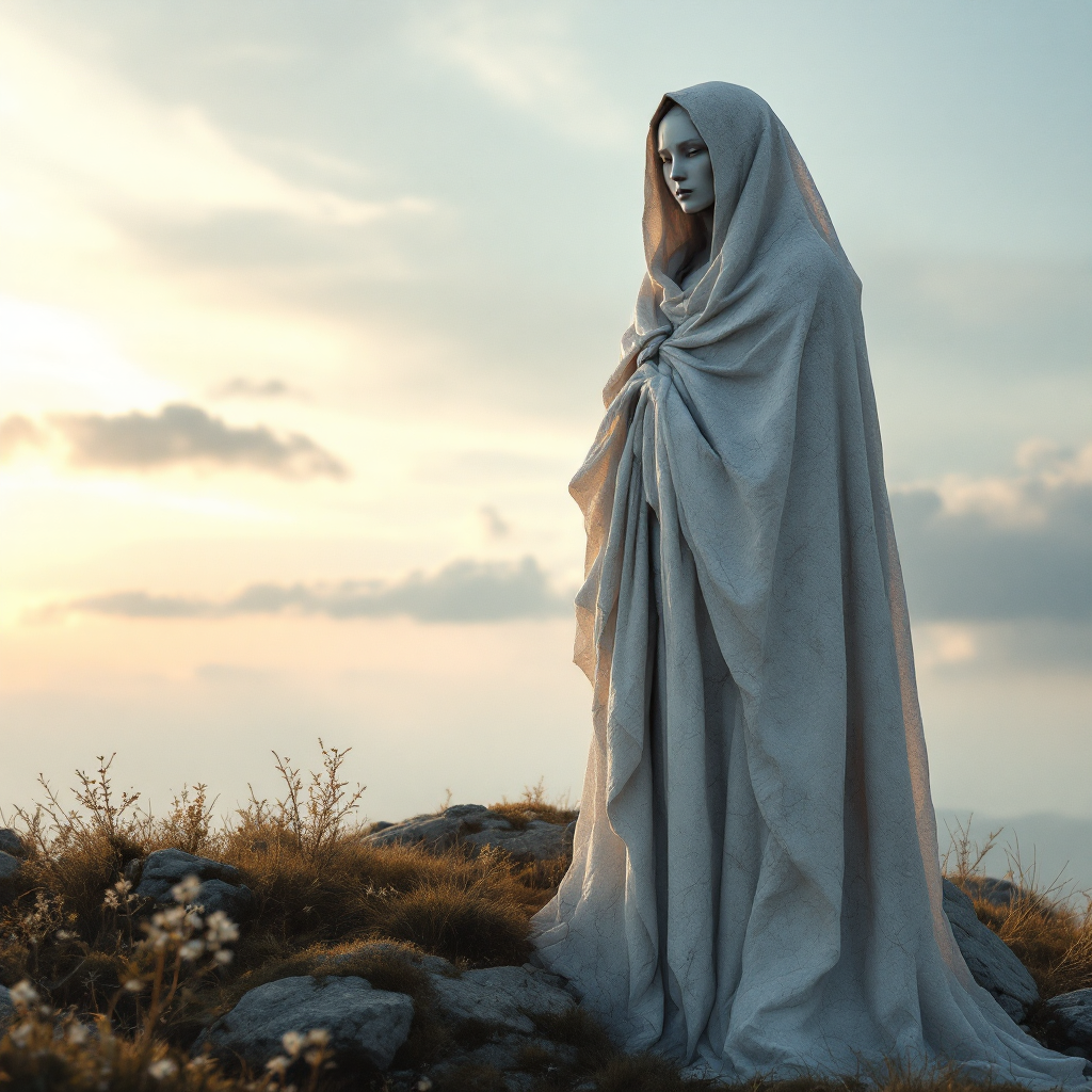 A cloaked figure stands on a rocky landscape at sunset, embodying the sentiment that truth is persistent and will always resurface amid soft golden light and gentle clouds.