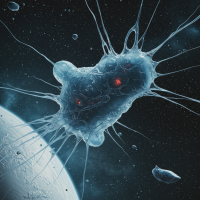 A translucent, ice-like organism with delicate filaments extends into the starry void, reflecting a hypercold environment, showcasing intricate appendages and organic structures.