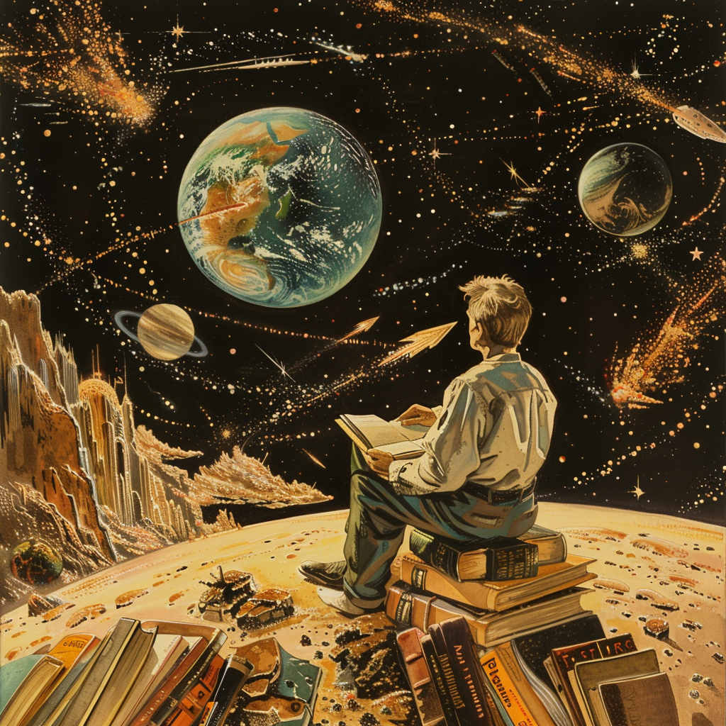 A person sits on a stack of books on a rocky surface, with a notebook in hand, gazing at Earth and other planets in space, symbolizing a writer whose projects are almost successful but never fully realized.