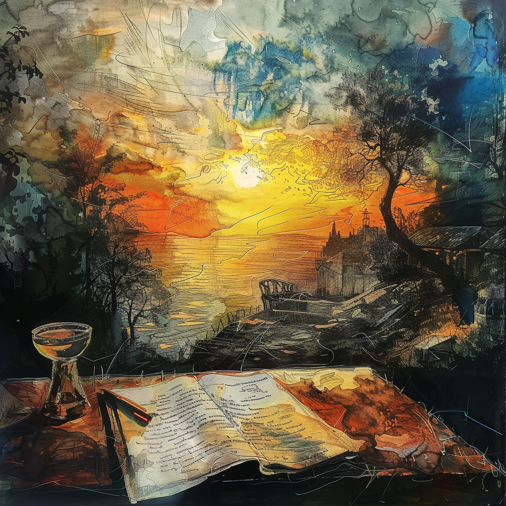 An open notebook and quill set on a table overlook a dramatic sunset beyond a dense forest and castle, evoking the journey of a writer whose works almost succeeded but remained undiscovered.