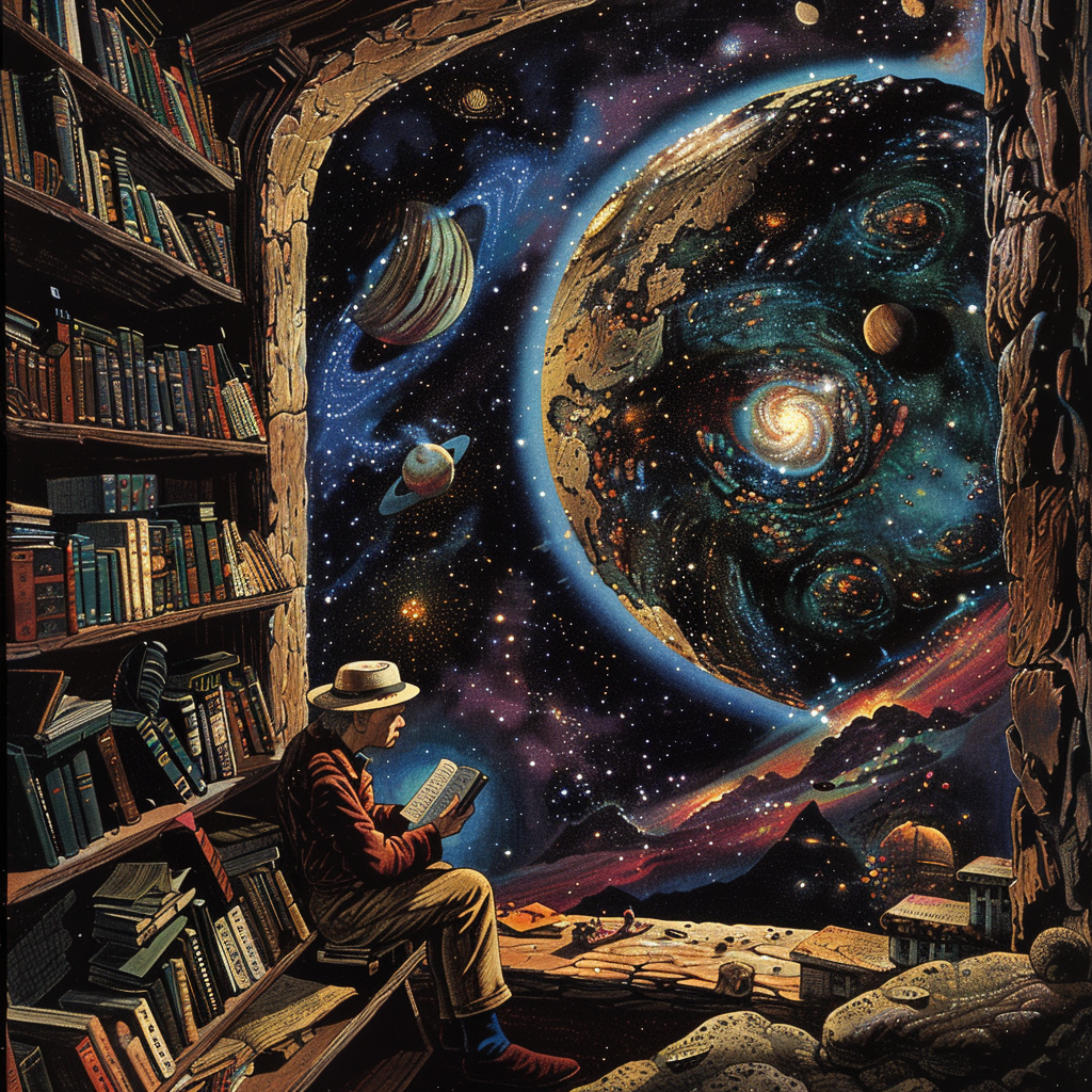 A writer sits in an ancient library surrounded by books, while a cosmic scene with planets and galaxies unfolds through a stone archway, reflecting dreams of nearly successful projects.