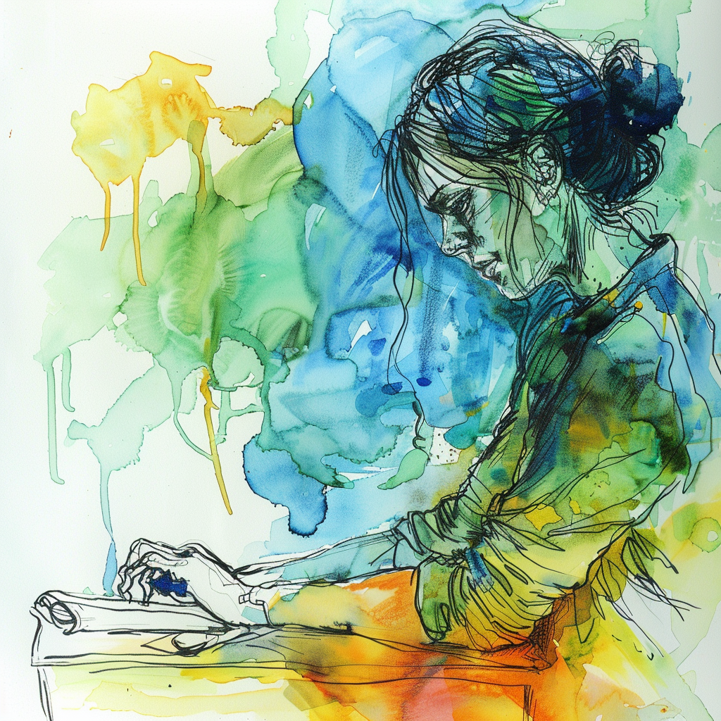 A watercolor illustration of a thoughtful writer working on a typewriter, surrounded by vibrant colors. This image is inspired by a quote about a writer's near-successful creative endeavors.