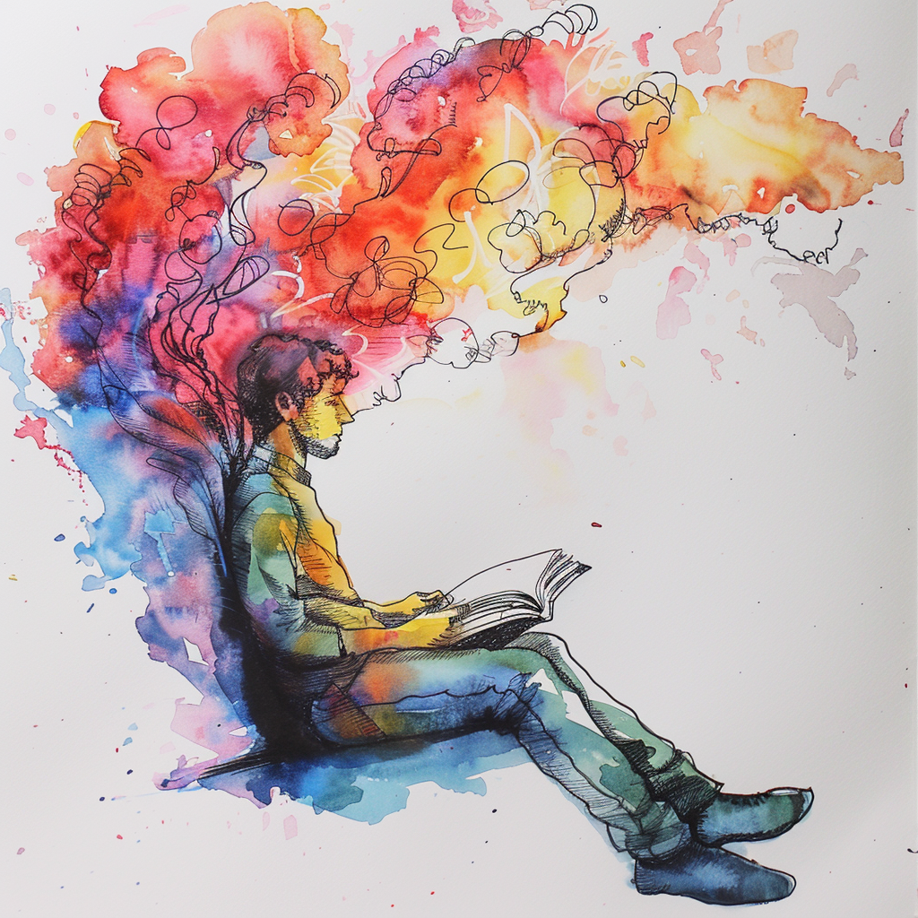 A colorful watercolor illustration of a person sitting and reading a book, with vibrant, abstract ideas swirling from their head, reflecting the struggles and almost-successes of a writer.